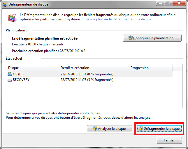Outil de défragmentation de Windows 7